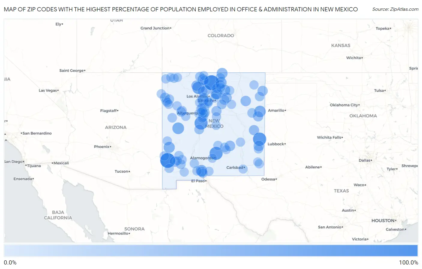 Zip Codes with the Highest Percentage of Population Employed in Office & Administration in New Mexico Map