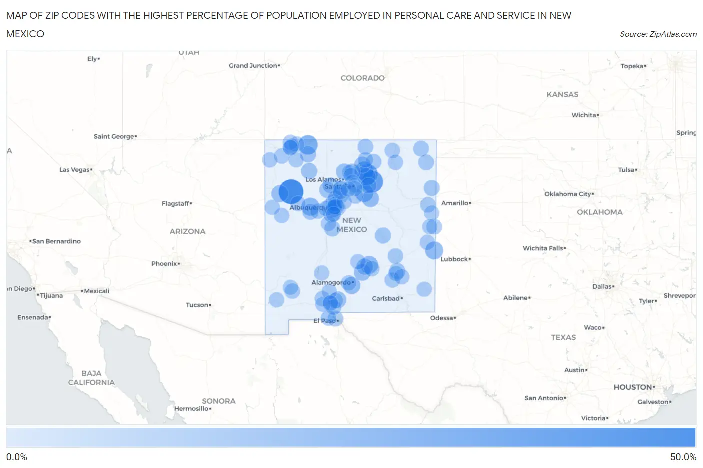 Zip Codes with the Highest Percentage of Population Employed in Personal Care and Service in New Mexico Map