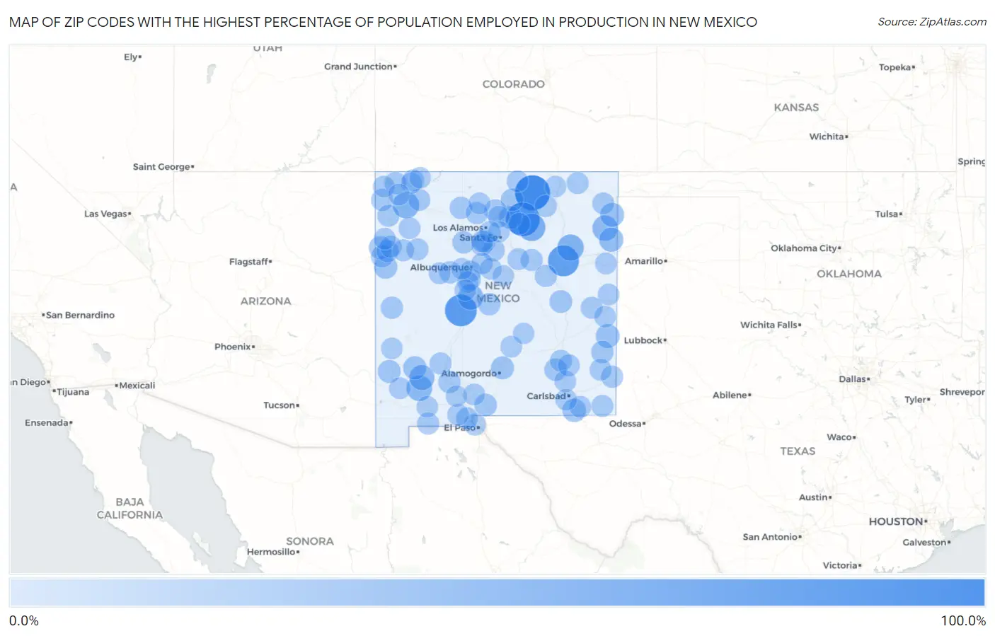 Zip Codes with the Highest Percentage of Population Employed in Production in New Mexico Map