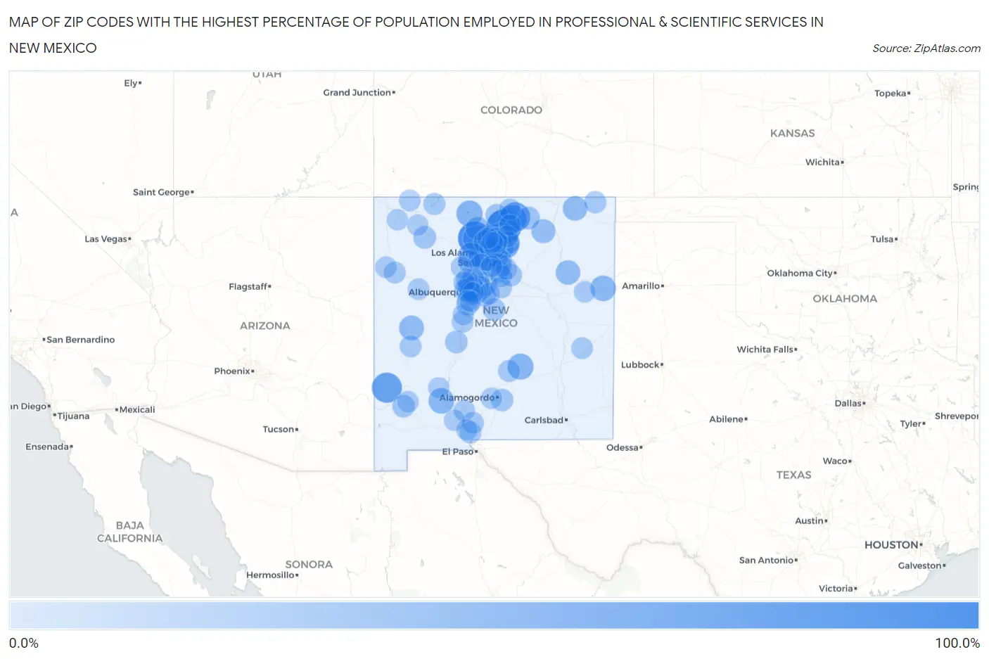 Zip Codes with the Highest Percentage of Population Employed in Professional & Scientific Services in New Mexico Map