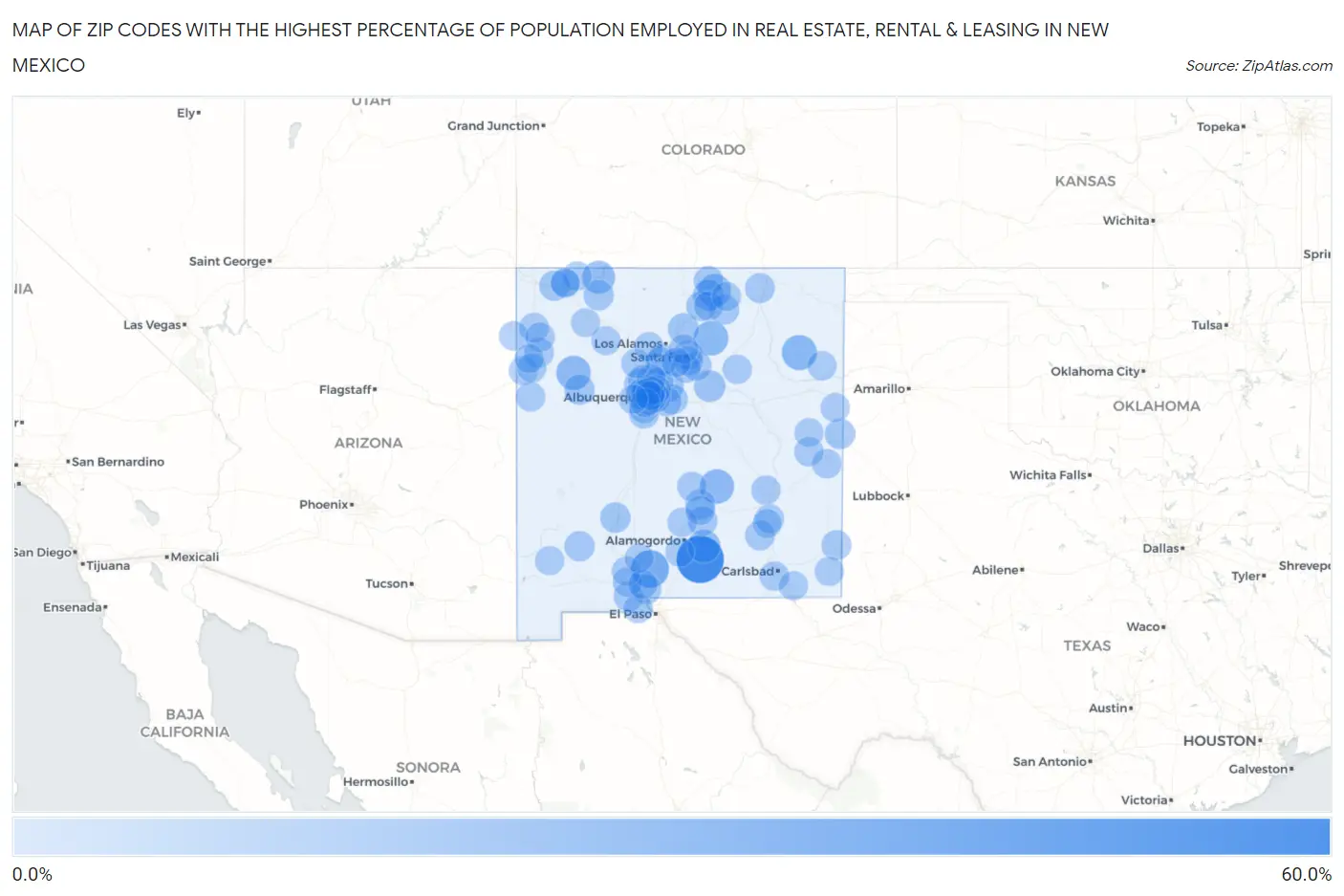 Zip Codes with the Highest Percentage of Population Employed in Real Estate, Rental & Leasing in New Mexico Map