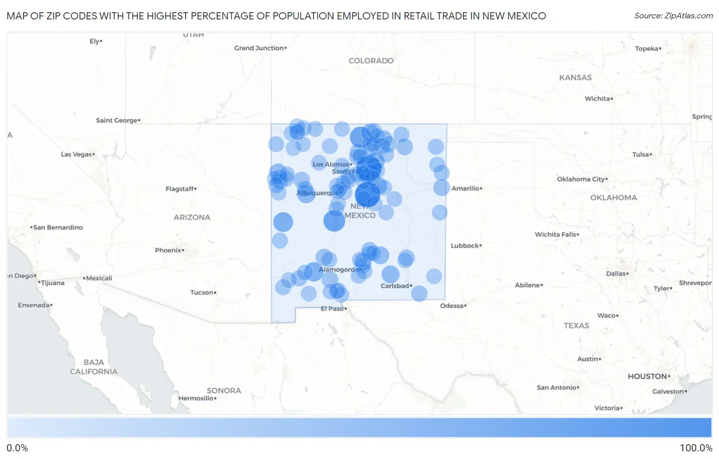 Zip Codes with the Highest Percentage of Population Employed in Retail Trade in New Mexico Map