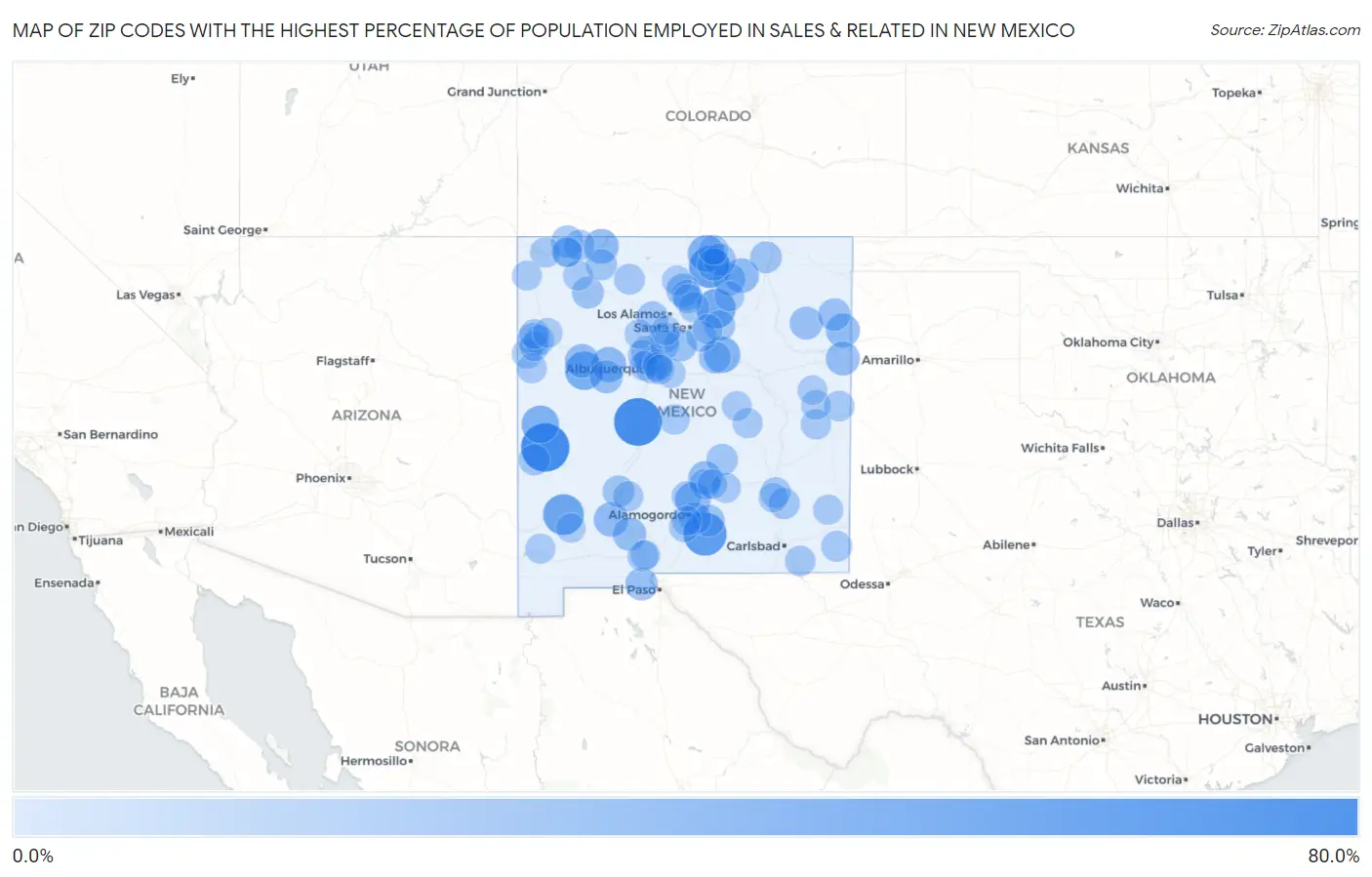 Zip Codes with the Highest Percentage of Population Employed in Sales & Related in New Mexico Map