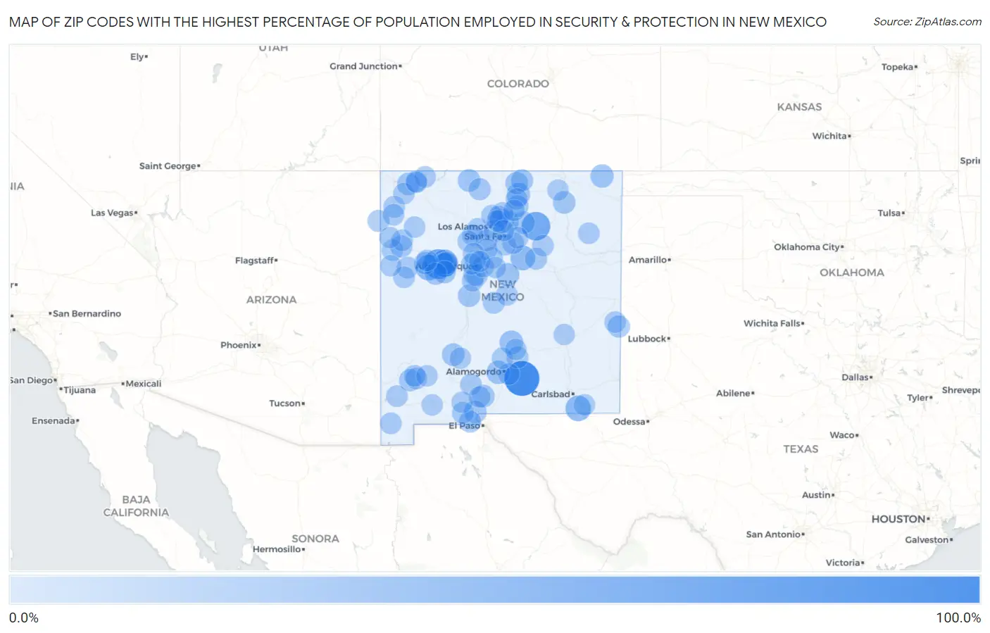 Zip Codes with the Highest Percentage of Population Employed in Security & Protection in New Mexico Map