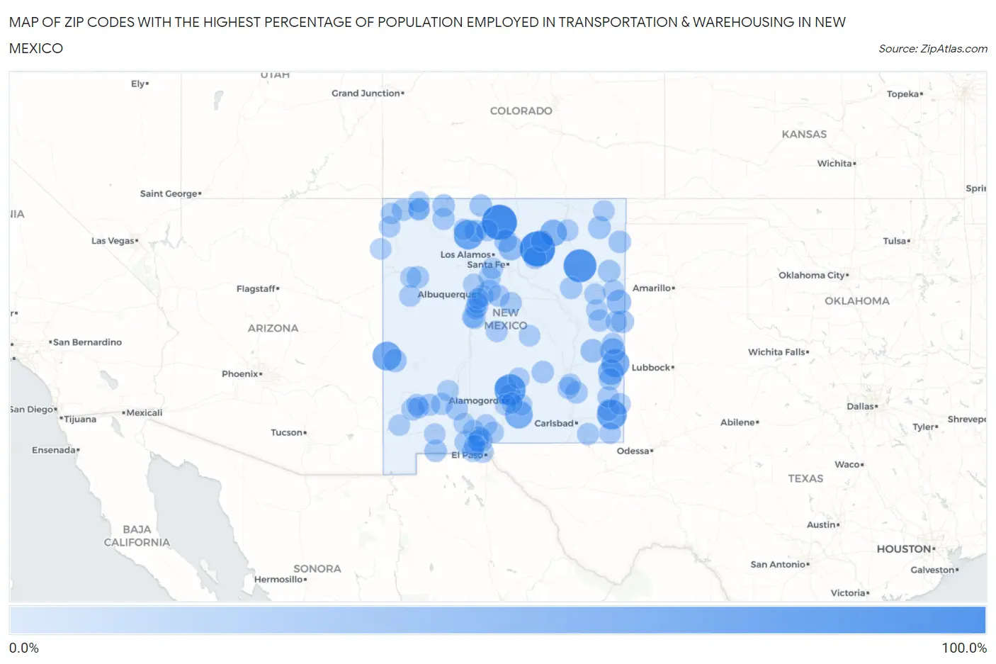 Zip Codes with the Highest Percentage of Population Employed in Transportation & Warehousing in New Mexico Map