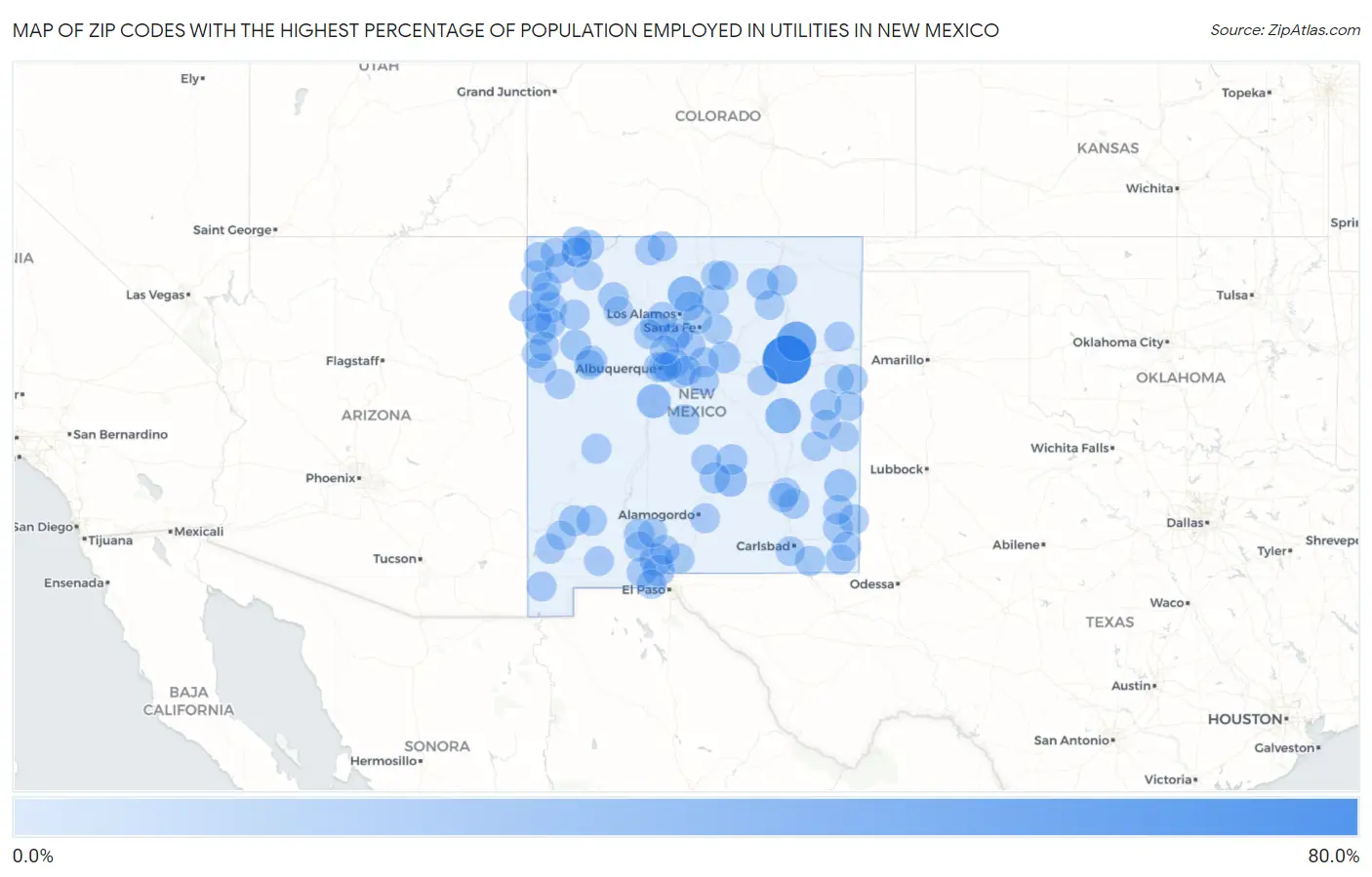 Zip Codes with the Highest Percentage of Population Employed in Utilities in New Mexico Map