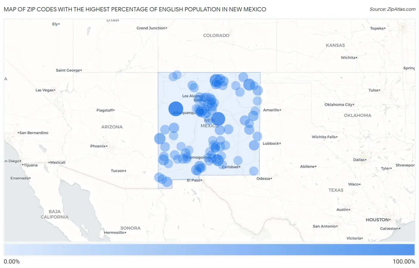 Zip Codes with the Highest Percentage of English Population in New Mexico Map