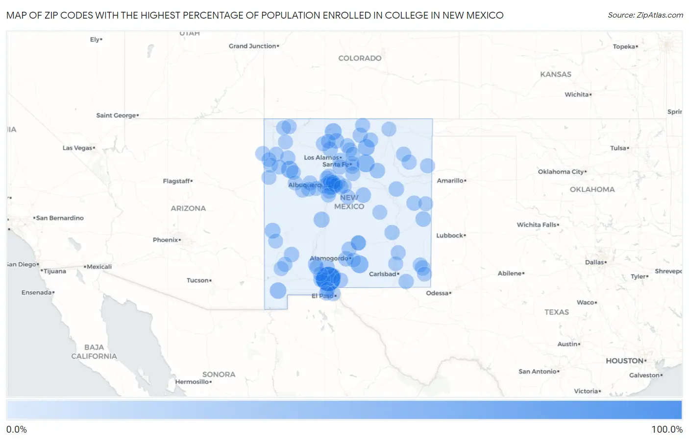 Zip Codes with the Highest Percentage of Population Enrolled in College in New Mexico Map