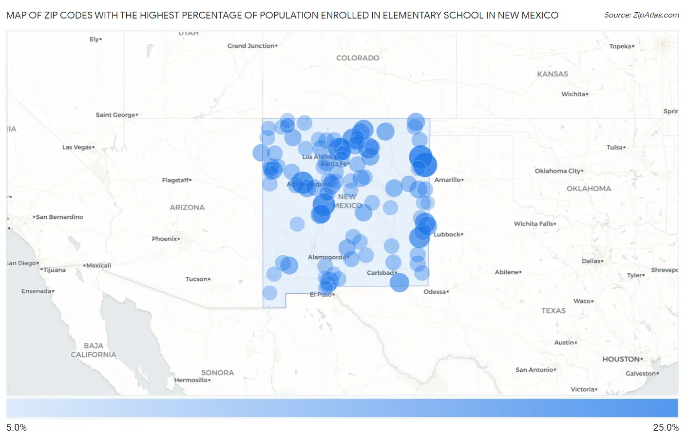 Zip Codes with the Highest Percentage of Population Enrolled in Elementary School in New Mexico Map