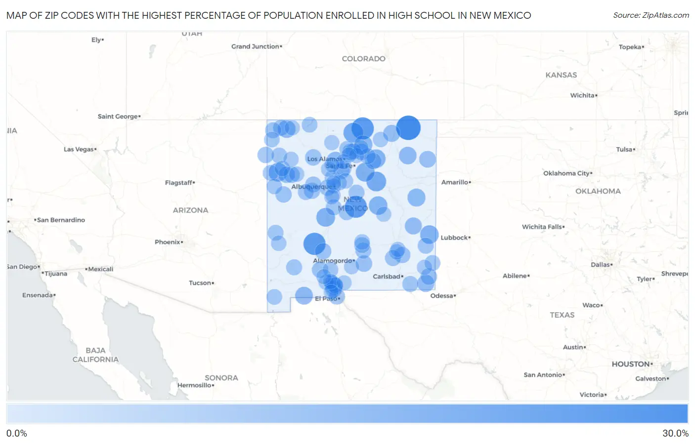 Zip Codes with the Highest Percentage of Population Enrolled in High School in New Mexico Map