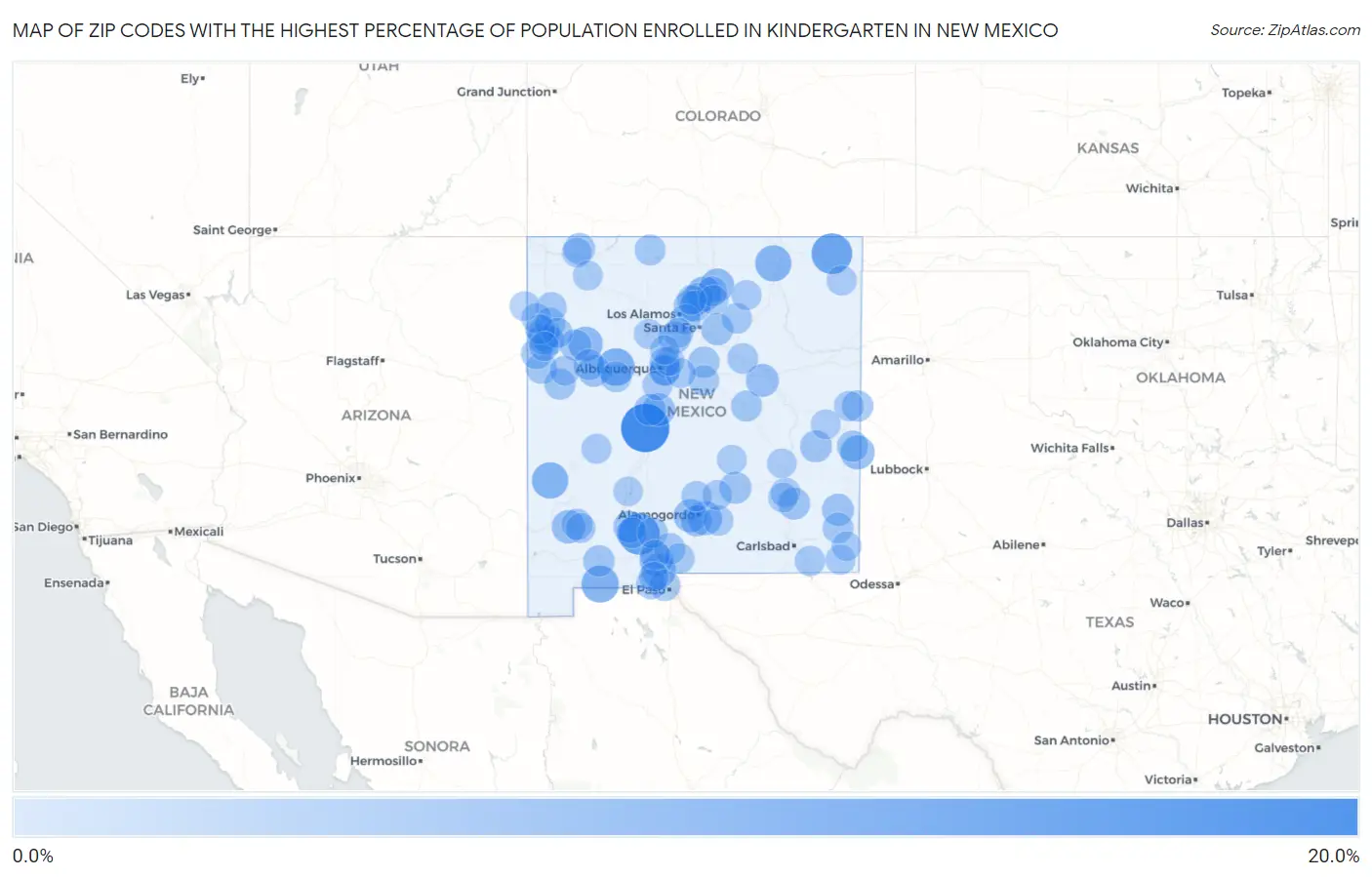 Zip Codes with the Highest Percentage of Population Enrolled in Kindergarten in New Mexico Map