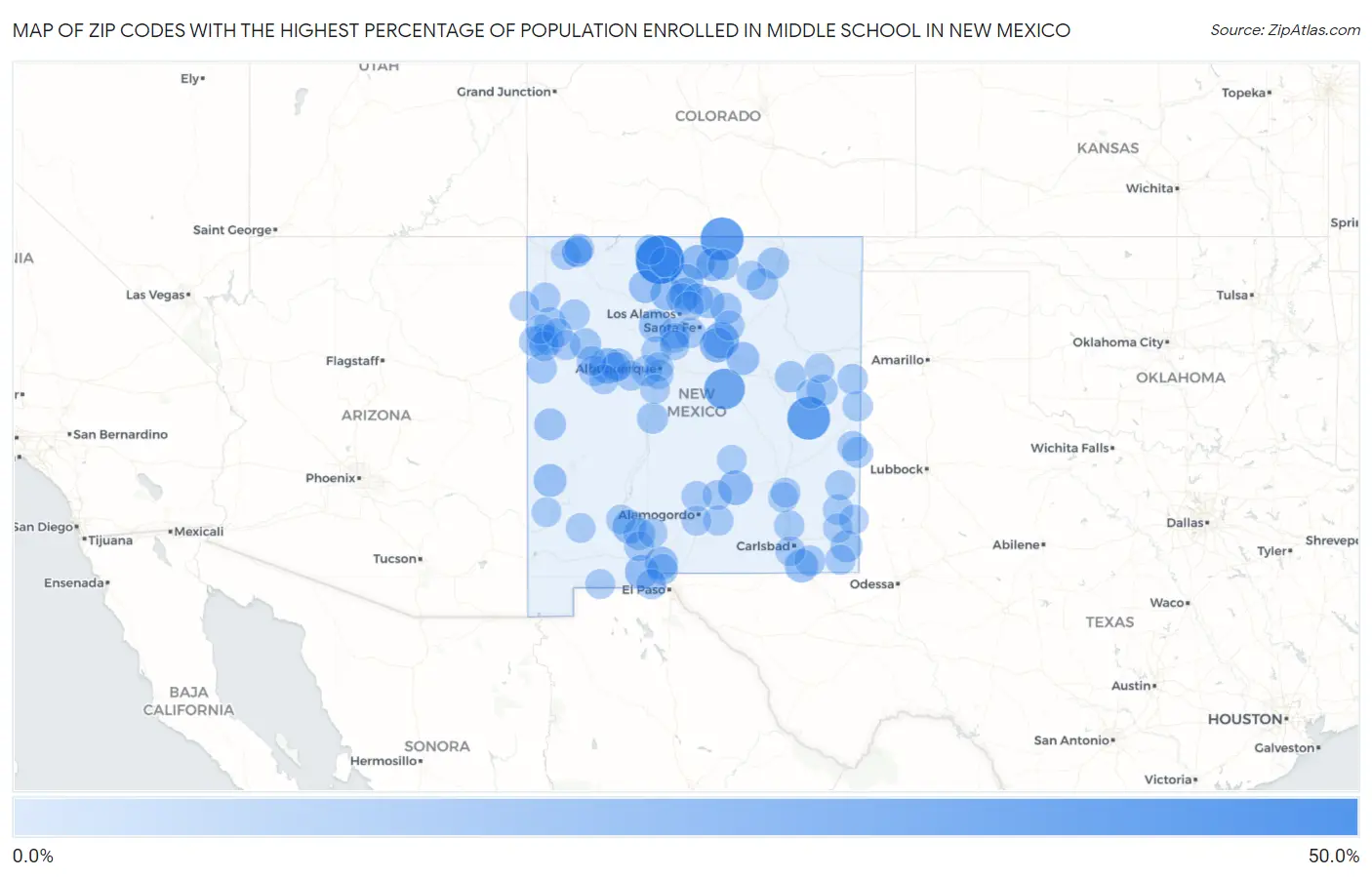 Zip Codes with the Highest Percentage of Population Enrolled in Middle School in New Mexico Map