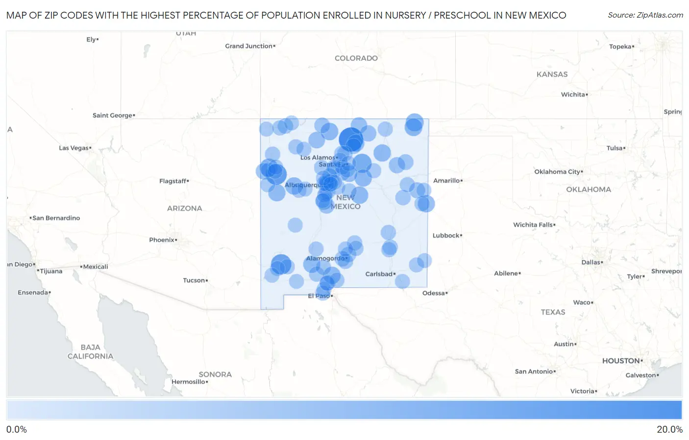 Zip Codes with the Highest Percentage of Population Enrolled in Nursery / Preschool in New Mexico Map