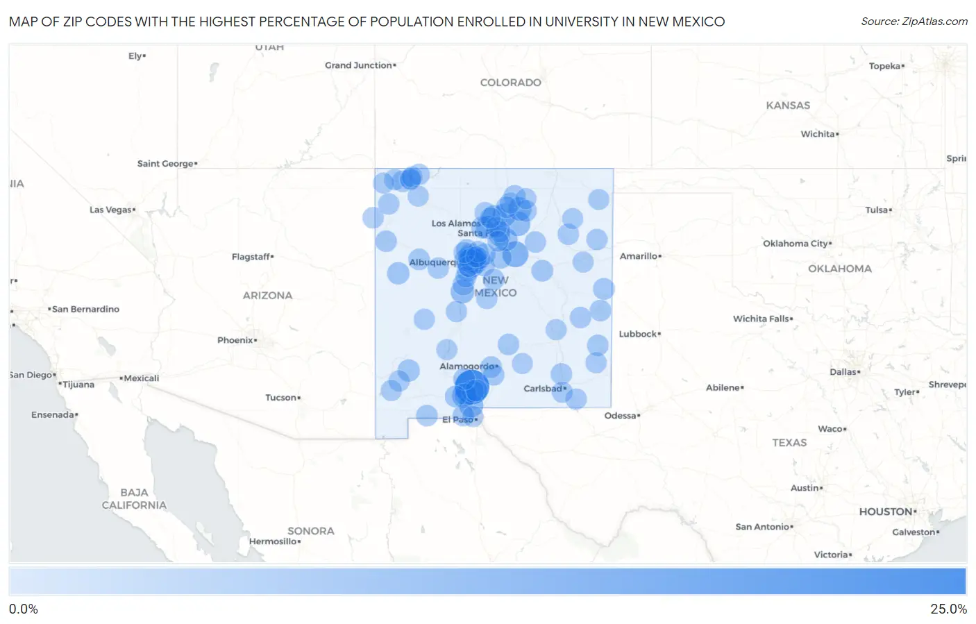 Zip Codes with the Highest Percentage of Population Enrolled in University in New Mexico Map