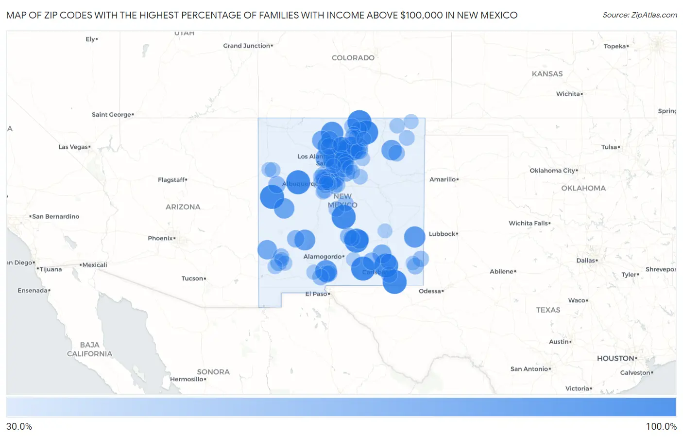 Zip Codes with the Highest Percentage of Families with Income Above $100,000 in New Mexico Map