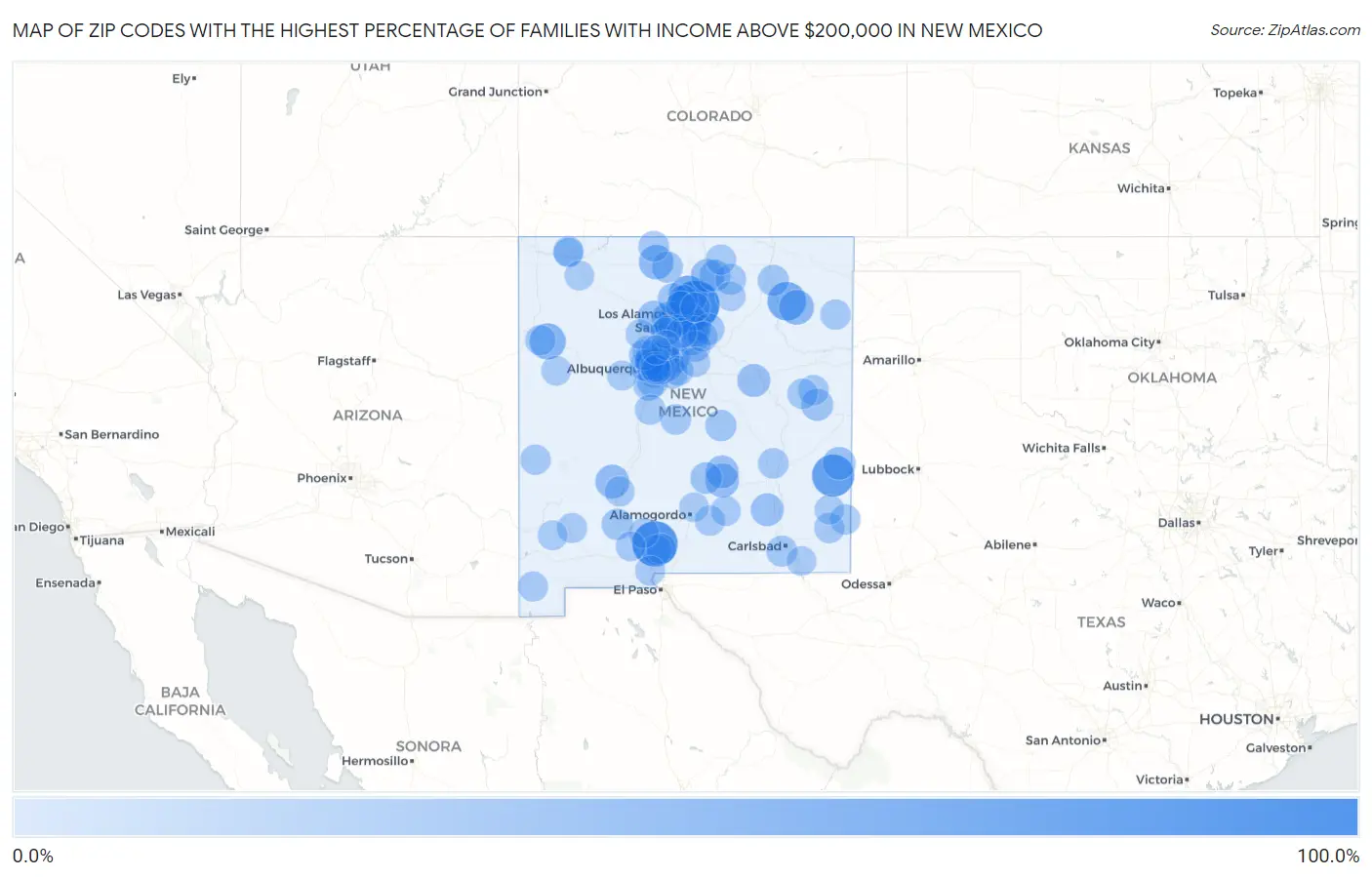Zip Codes with the Highest Percentage of Families with Income Above $200,000 in New Mexico Map