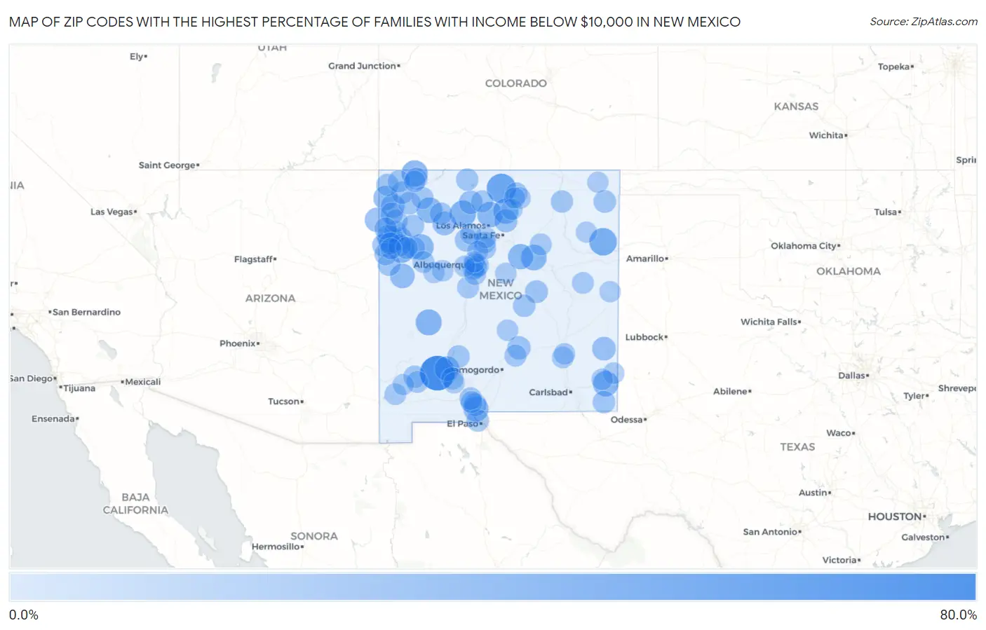Zip Codes with the Highest Percentage of Families with Income Below $10,000 in New Mexico Map