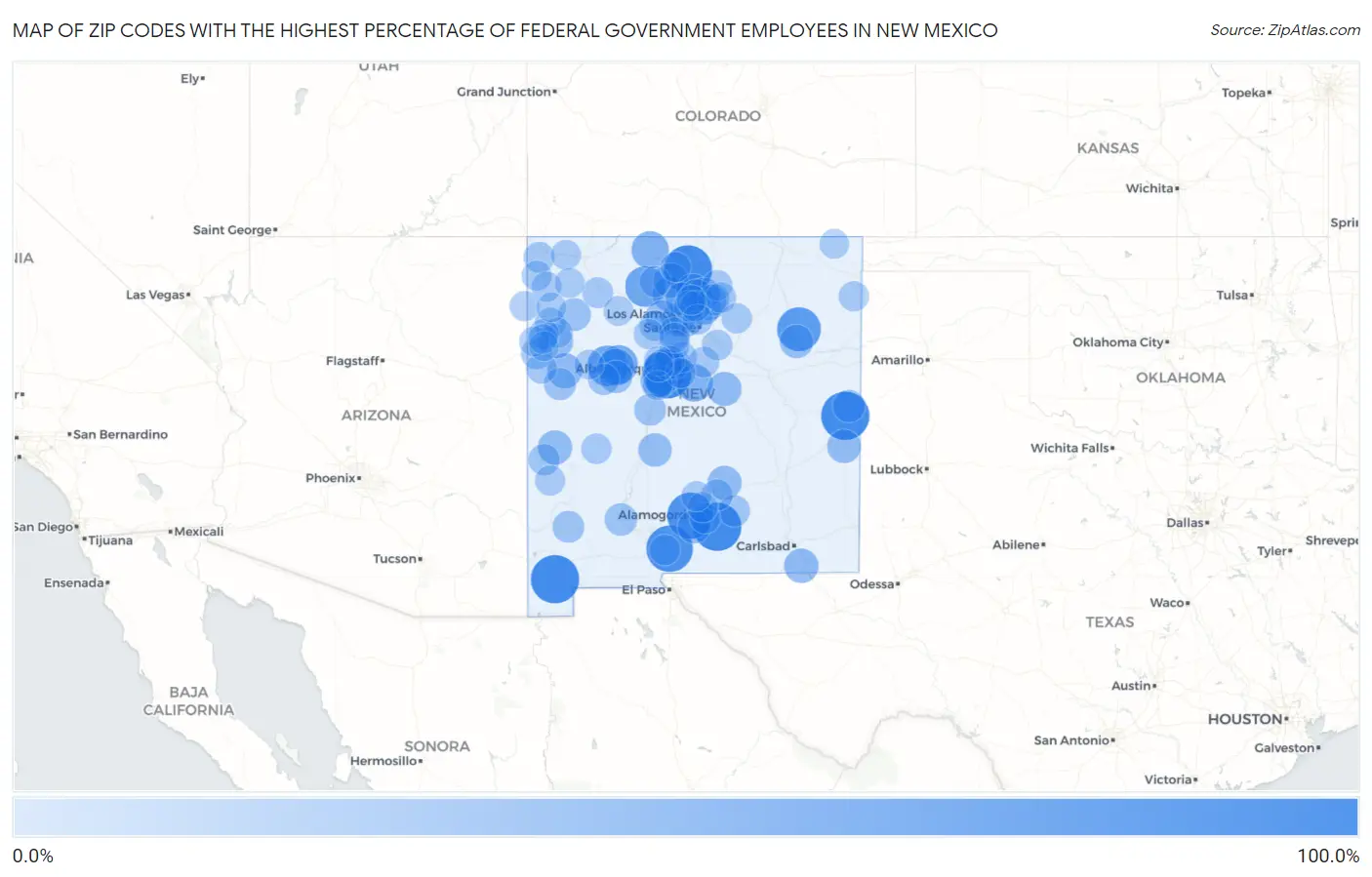 Zip Codes with the Highest Percentage of Federal Government Employees in New Mexico Map