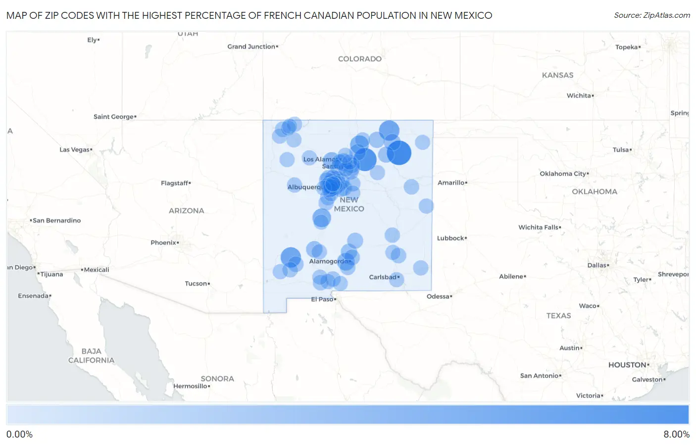 Zip Codes with the Highest Percentage of French Canadian Population in New Mexico Map