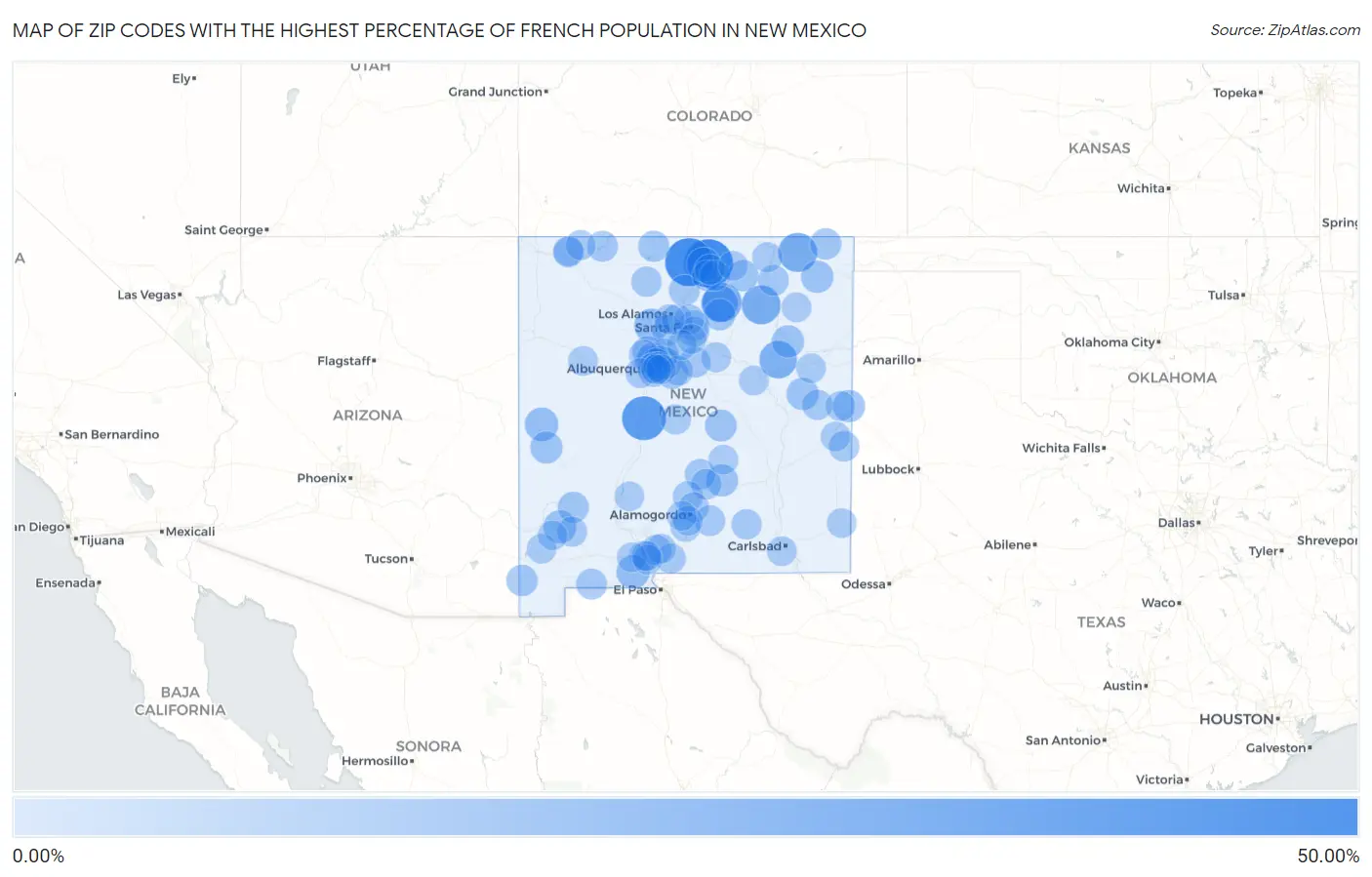 Zip Codes with the Highest Percentage of French Population in New Mexico Map