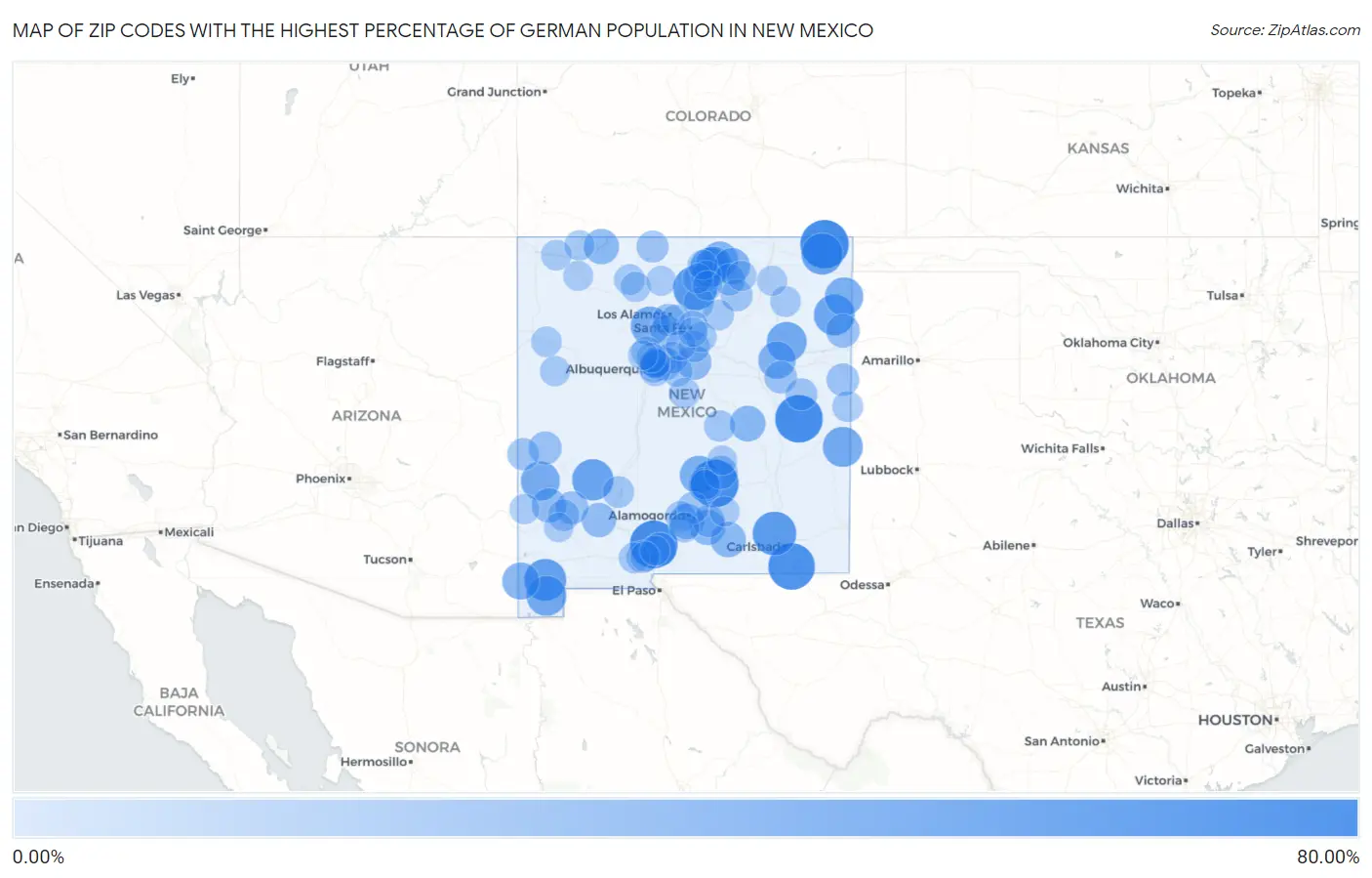 Zip Codes with the Highest Percentage of German Population in New Mexico Map