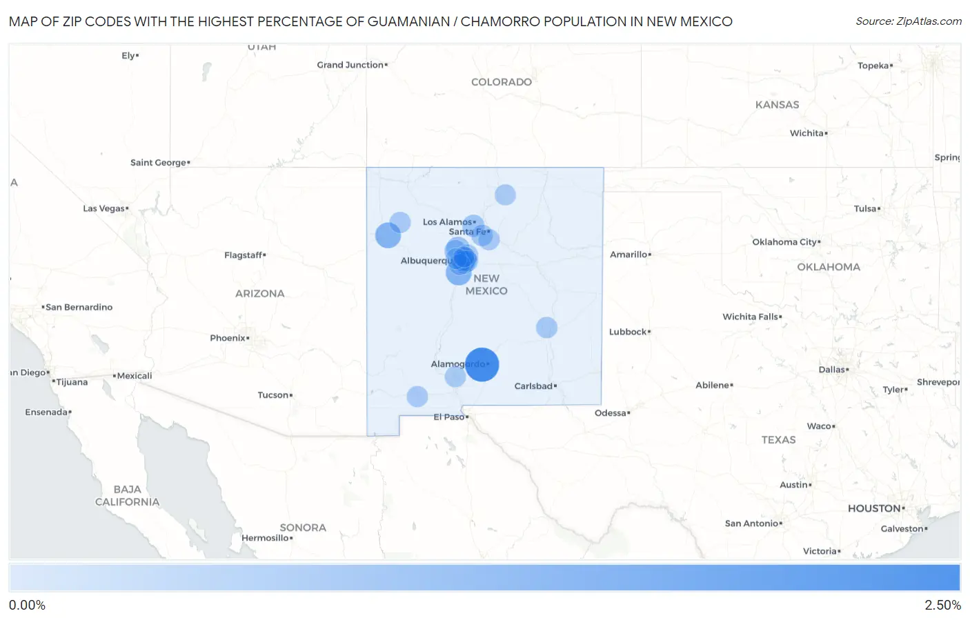 Zip Codes with the Highest Percentage of Guamanian / Chamorro Population in New Mexico Map