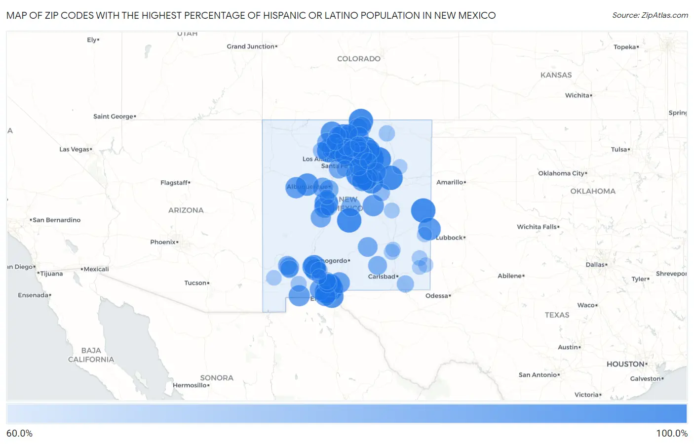 Zip Codes with the Highest Percentage of Hispanic or Latino Population in New Mexico Map