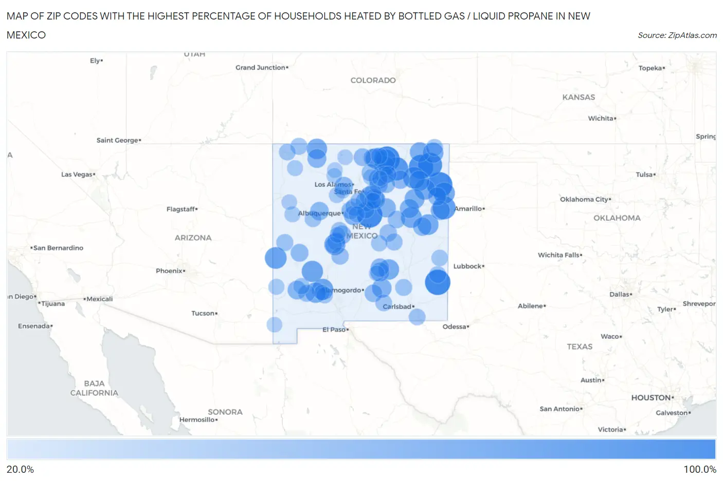 Zip Codes with the Highest Percentage of Households Heated by Bottled Gas / Liquid Propane in New Mexico Map
