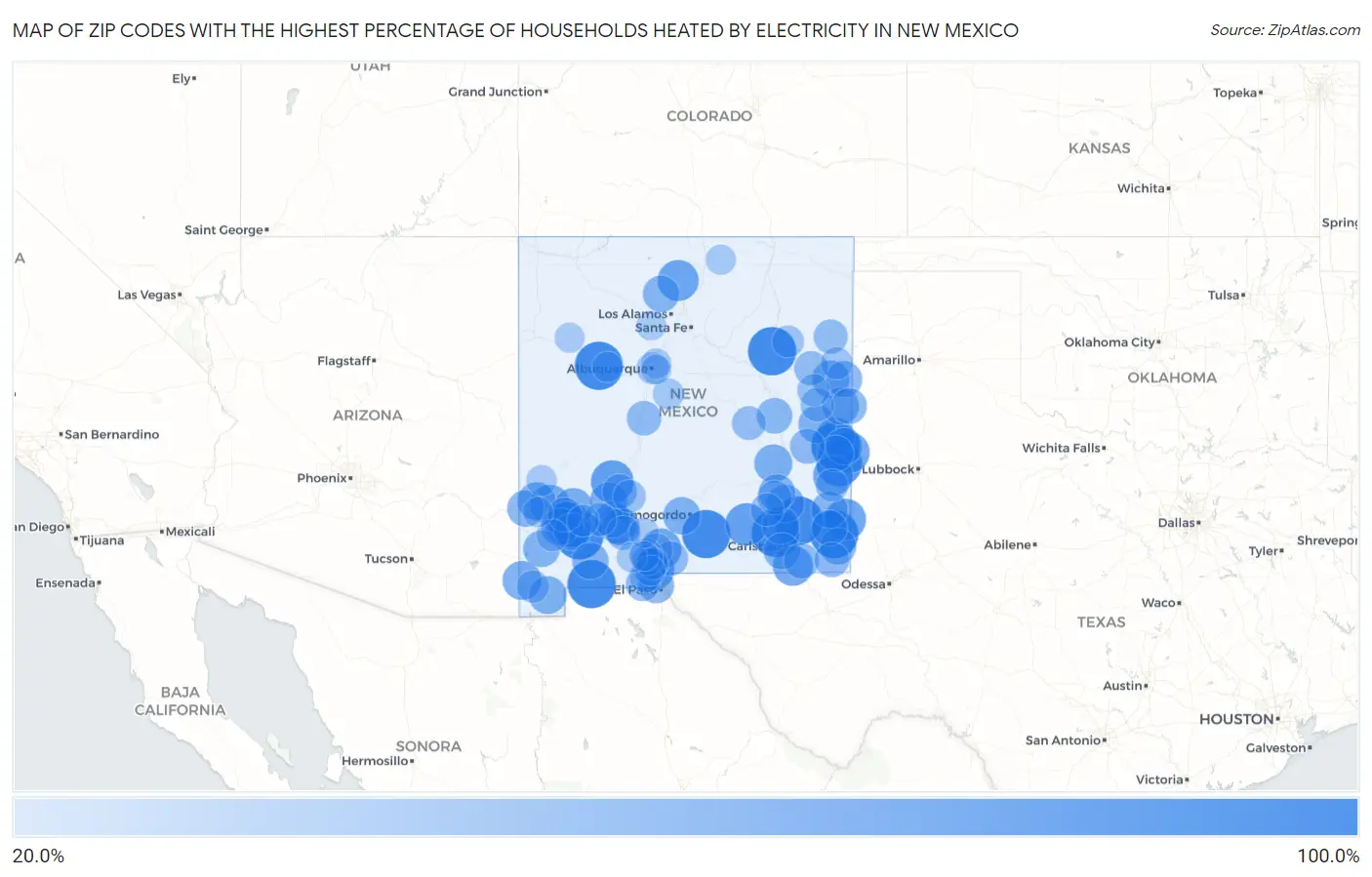 Zip Codes with the Highest Percentage of Households Heated by Electricity in New Mexico Map