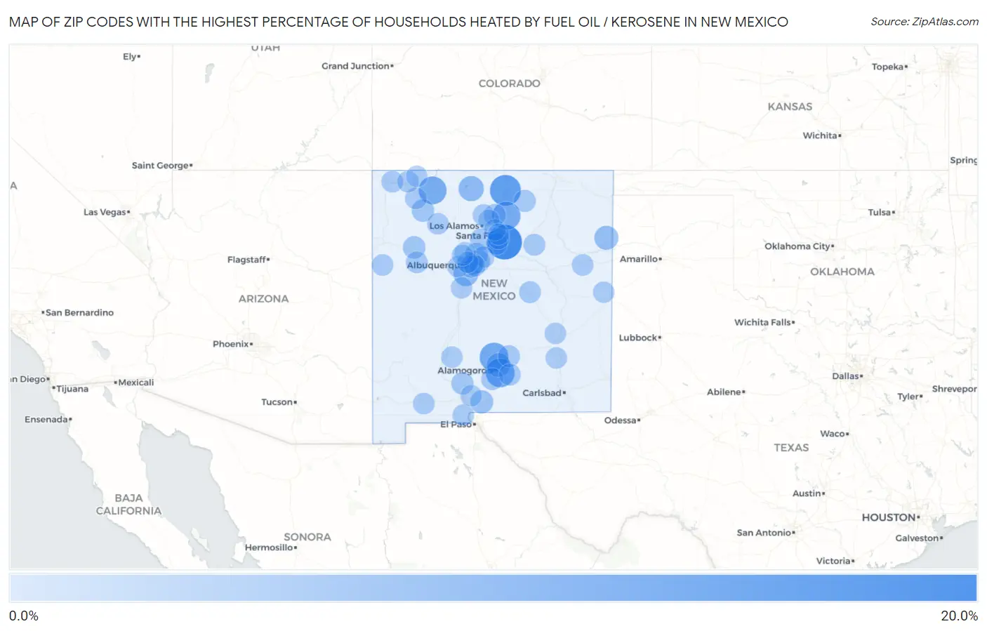 Zip Codes with the Highest Percentage of Households Heated by Fuel Oil / Kerosene in New Mexico Map