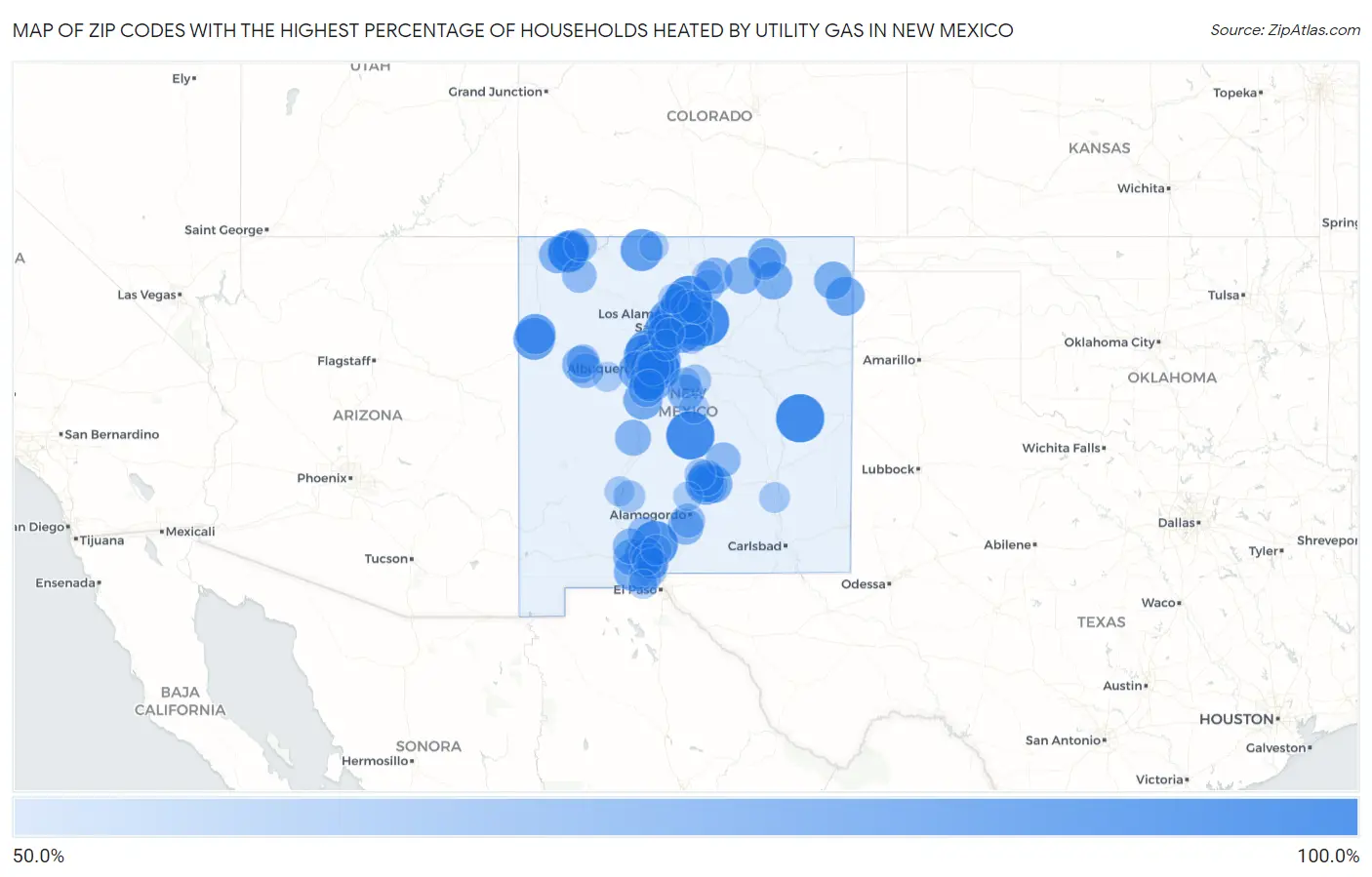 Zip Codes with the Highest Percentage of Households Heated by Utility Gas in New Mexico Map