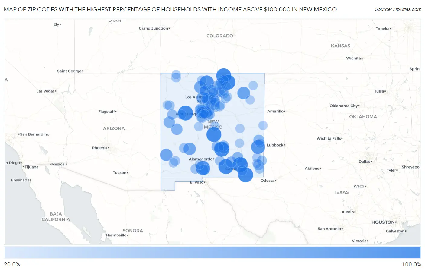 Zip Codes with the Highest Percentage of Households with Income Above $100,000 in New Mexico Map