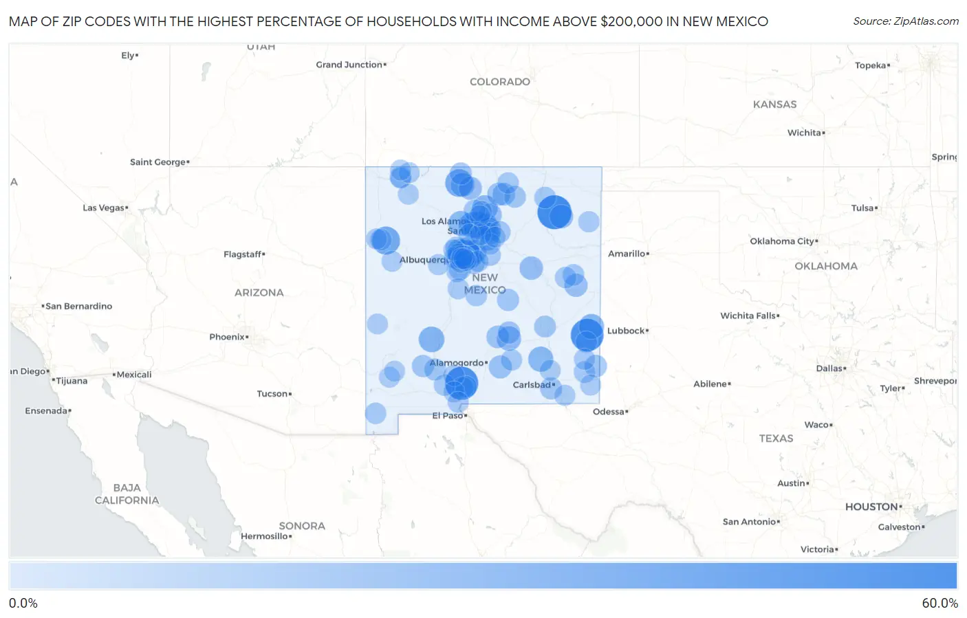 Zip Codes with the Highest Percentage of Households with Income Above $200,000 in New Mexico Map