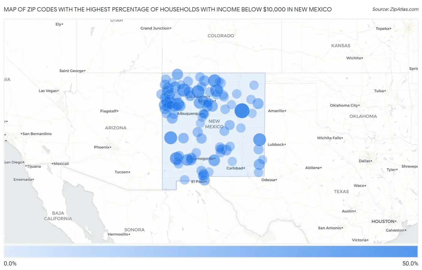 Zip Codes with the Highest Percentage of Households with Income Below $10,000 in New Mexico Map