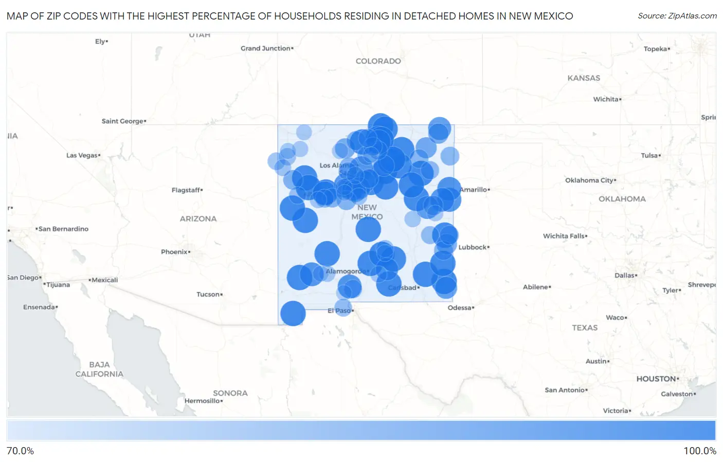 Zip Codes with the Highest Percentage of Households Residing in Detached Homes in New Mexico Map