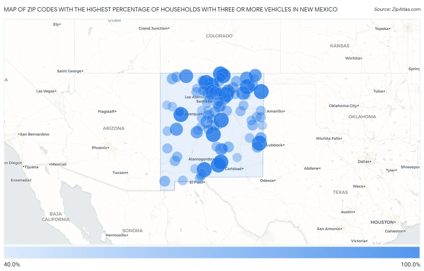 Zip Codes with the Highest Percentage of Households With Three or more Vehicles in New Mexico Map