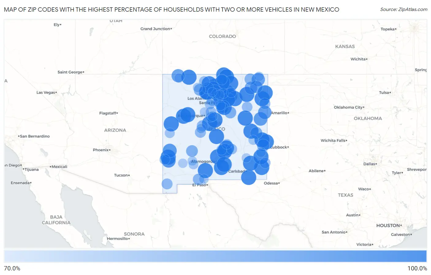 Zip Codes with the Highest Percentage of Households With Two or more Vehicles in New Mexico Map