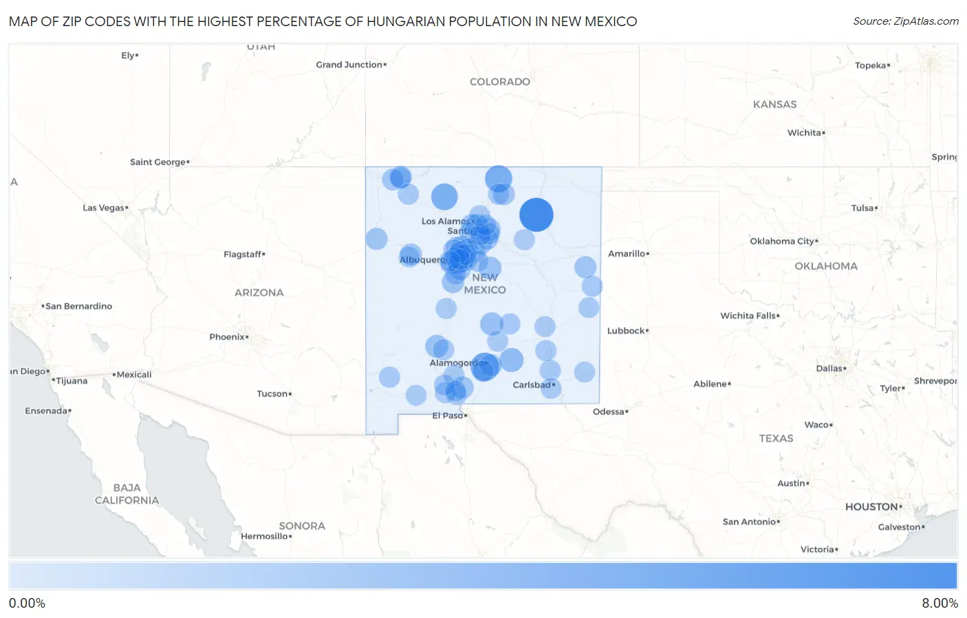 Zip Codes with the Highest Percentage of Hungarian Population in New Mexico Map