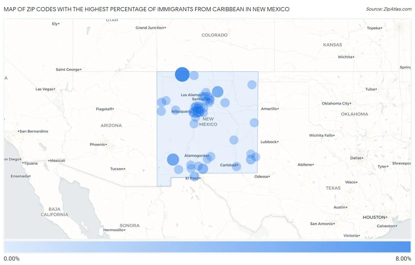 Zip Codes with the Highest Percentage of Immigrants from Caribbean in New Mexico Map
