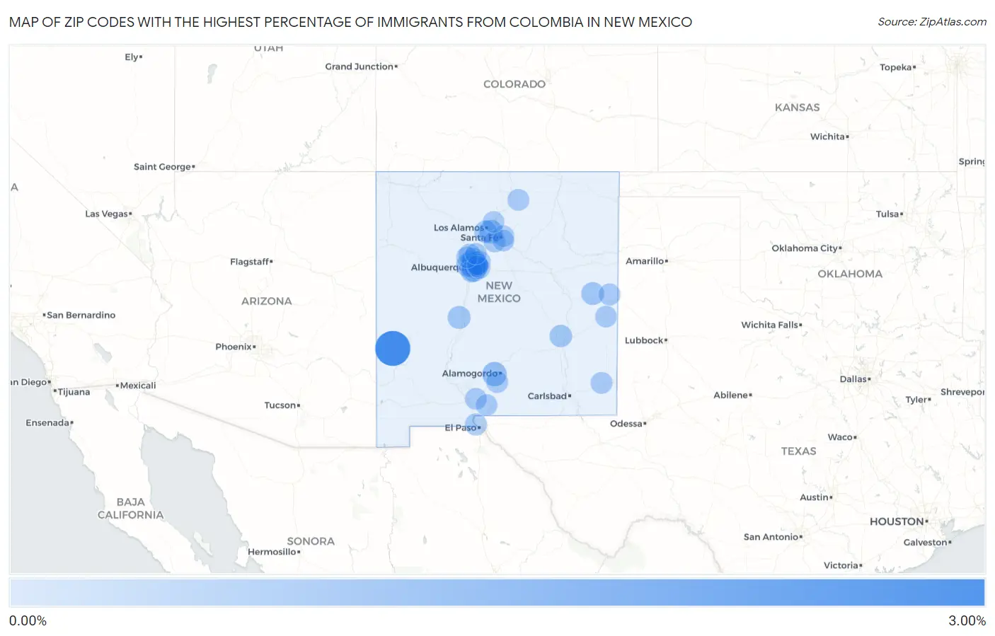 Zip Codes with the Highest Percentage of Immigrants from Colombia in New Mexico Map