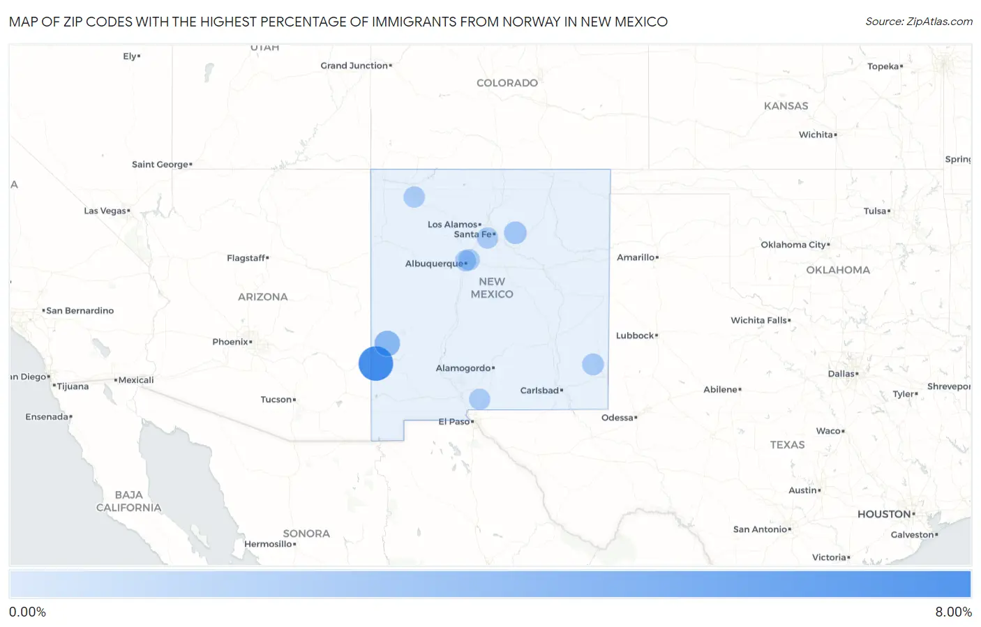Zip Codes with the Highest Percentage of Immigrants from Norway in New Mexico Map