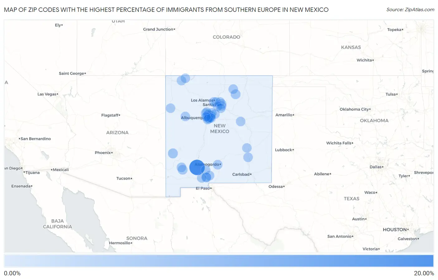 Zip Codes with the Highest Percentage of Immigrants from Southern Europe in New Mexico Map