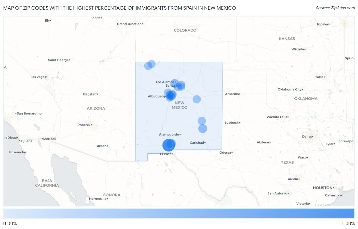 Zip Codes with the Highest Percentage of Immigrants from Spain in New Mexico Map