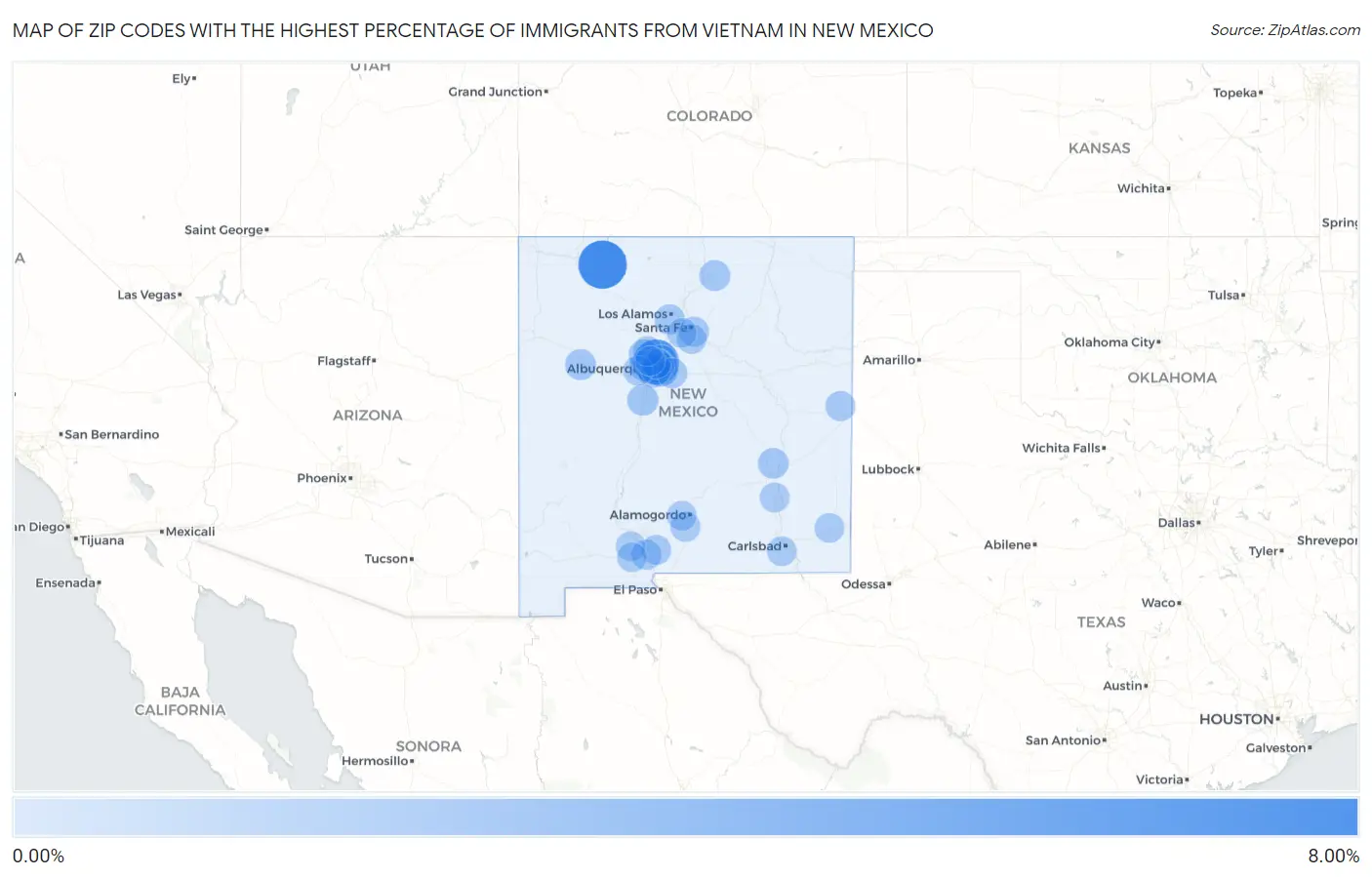 Zip Codes with the Highest Percentage of Immigrants from Vietnam in New Mexico Map