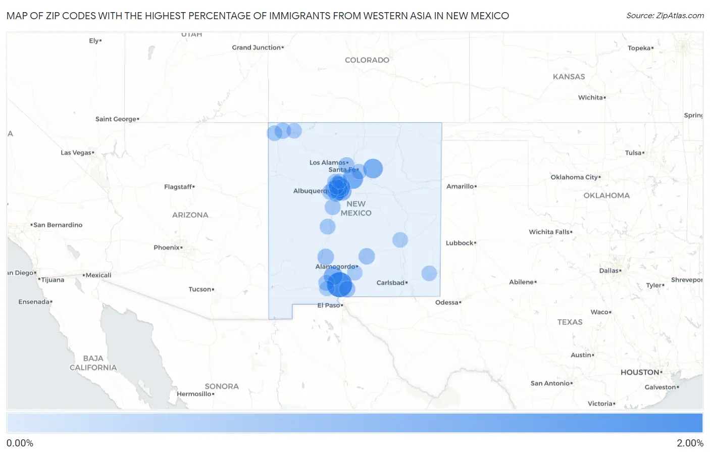 Zip Codes with the Highest Percentage of Immigrants from Western Asia in New Mexico Map