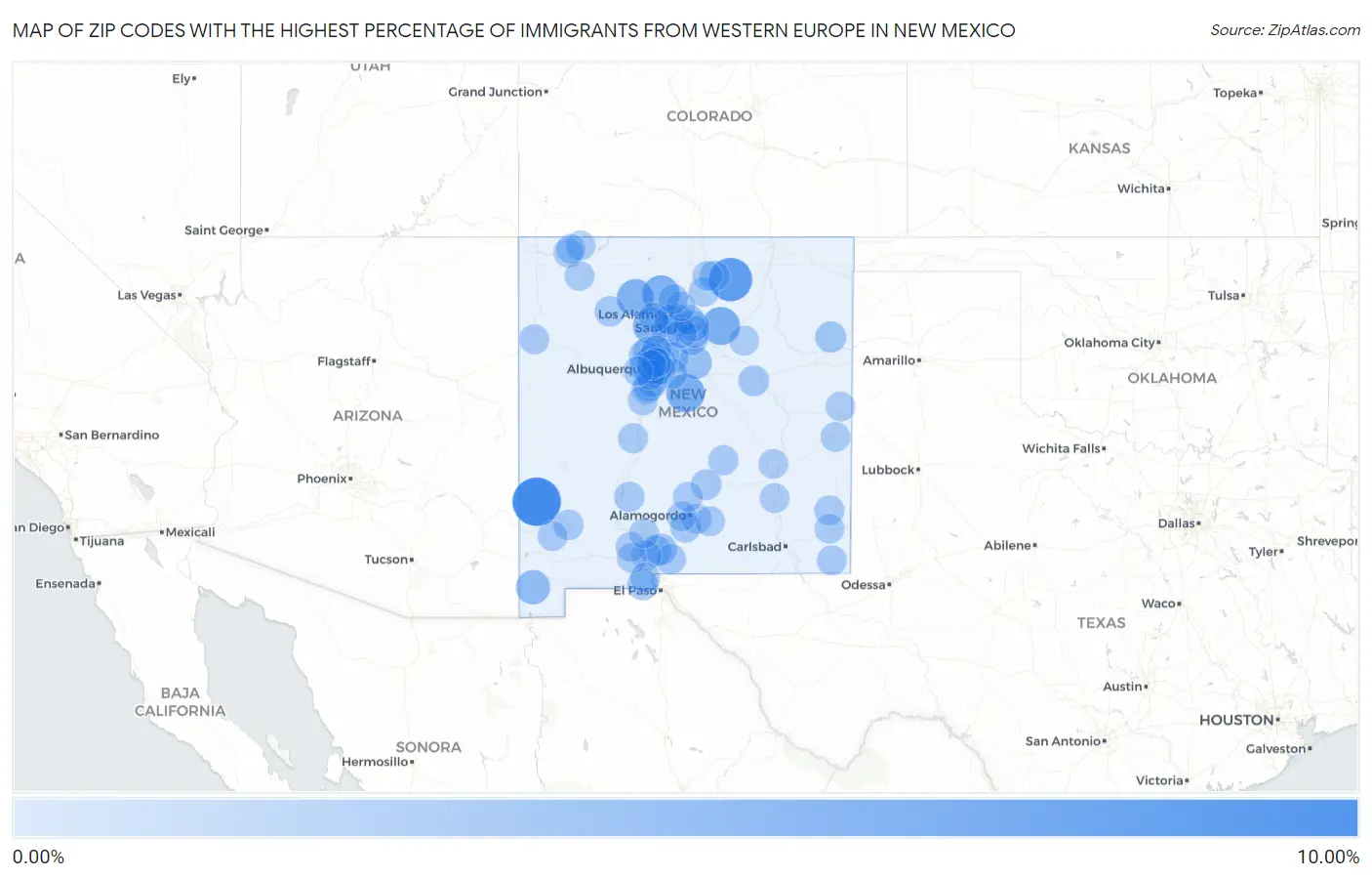 Zip Codes with the Highest Percentage of Immigrants from Western Europe in New Mexico Map