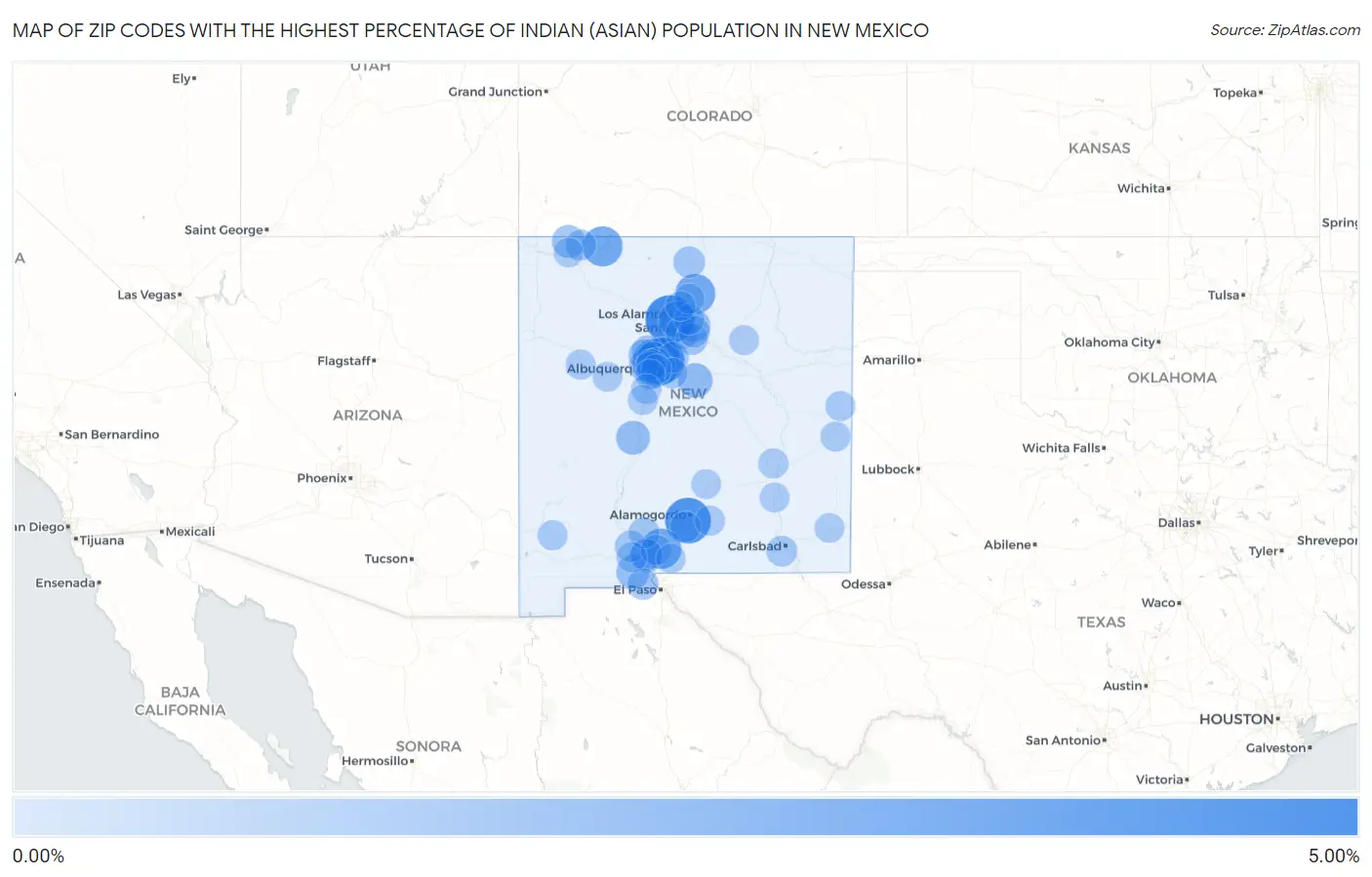 Zip Codes with the Highest Percentage of Indian (Asian) Population in New Mexico Map