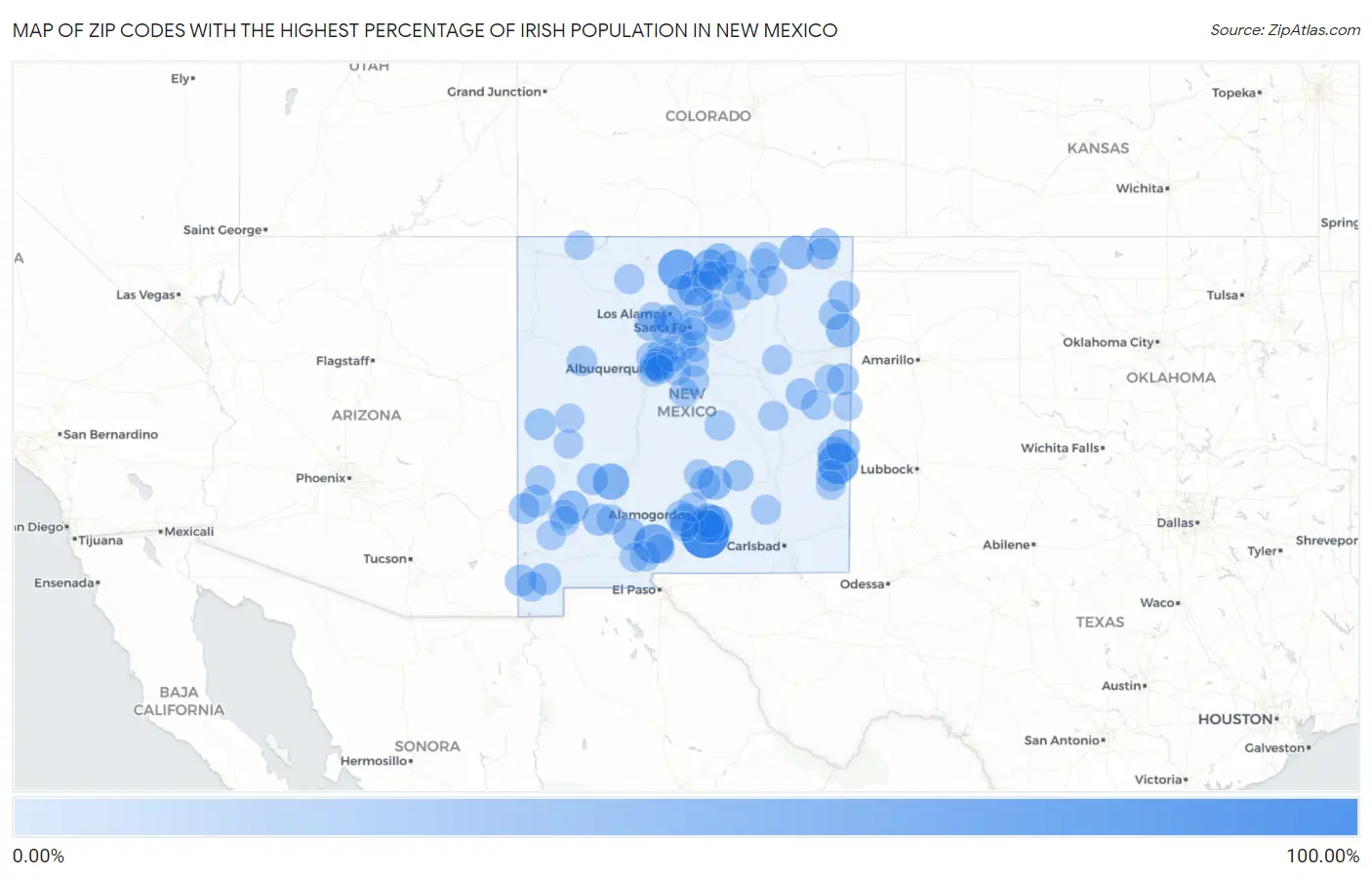 Zip Codes with the Highest Percentage of Irish Population in New Mexico Map
