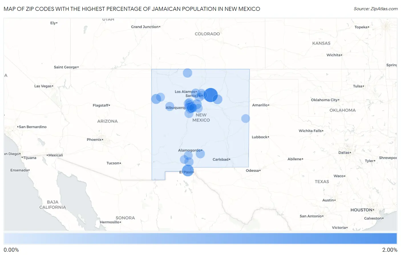 Zip Codes with the Highest Percentage of Jamaican Population in New Mexico Map