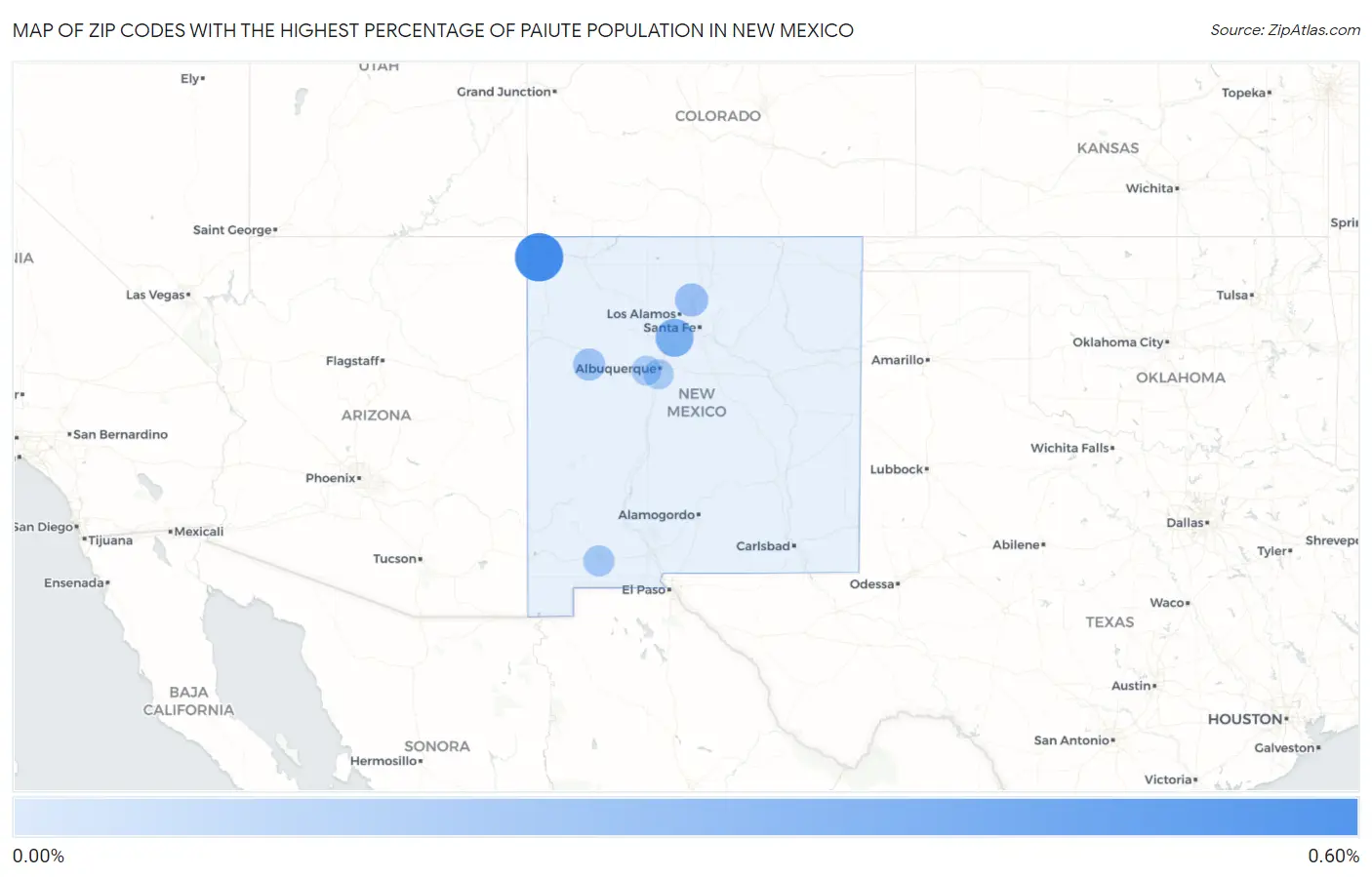 Zip Codes with the Highest Percentage of Paiute Population in New Mexico Map